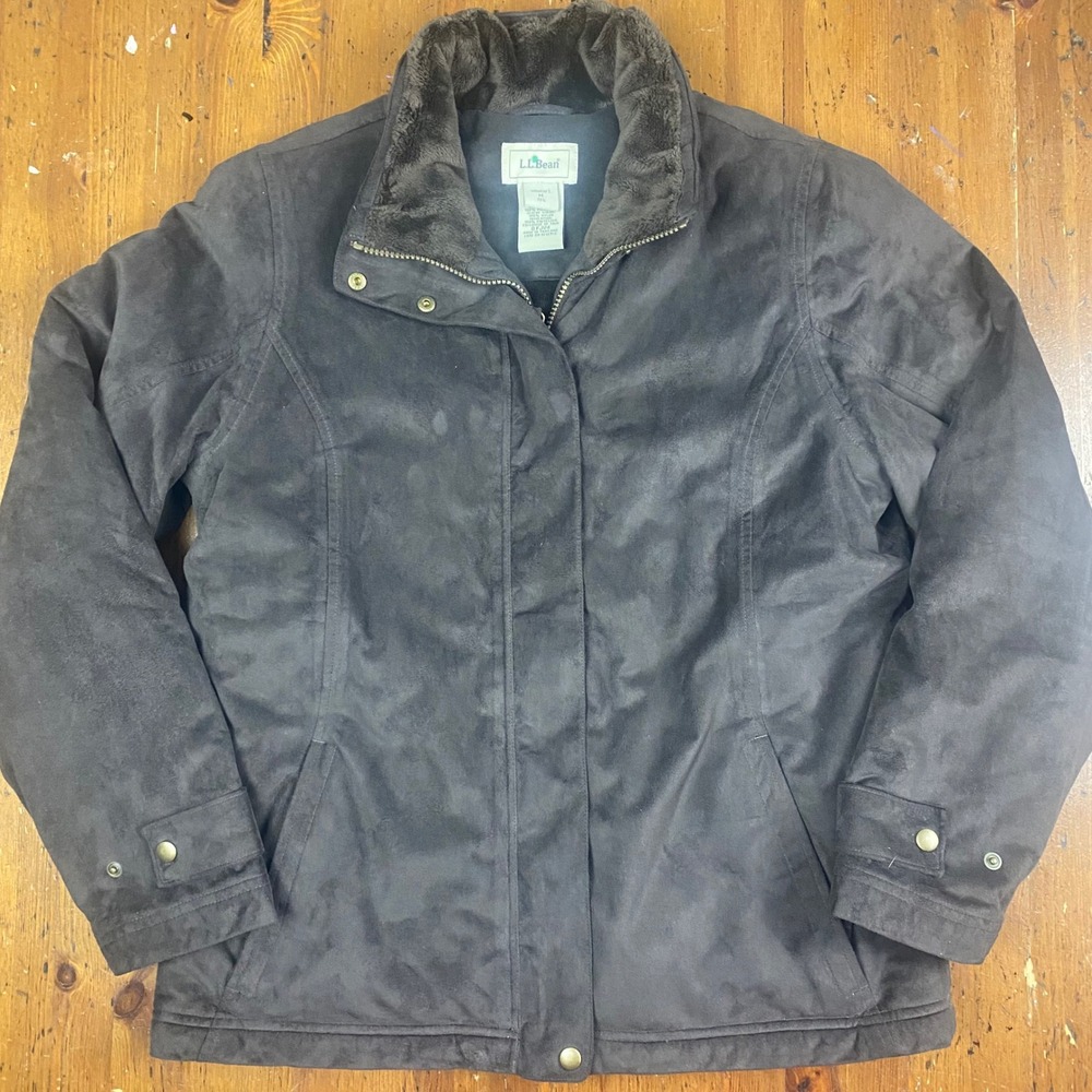 LL Bean Womens Insulated Suede Faux Fur Lined Jacket Black Size M Reg 0FJV4